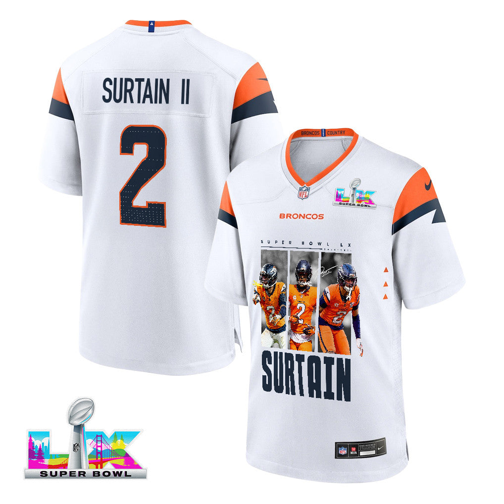 Pat Surtain II 2 Denver Broncos Super Bowl LX Defensive Icon Game Men Jersey – White