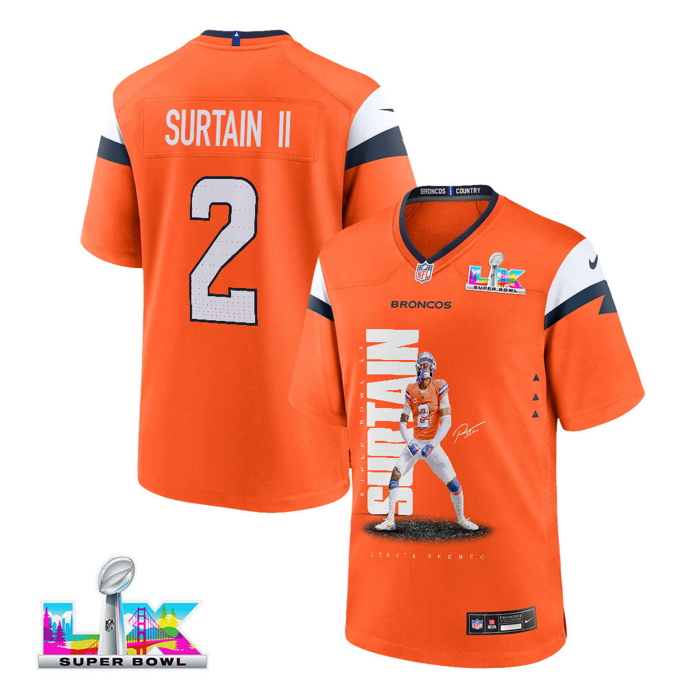 Pat Surtain II 2 Denver Broncos Super Bowl LX Shutdown Defender Game Men Jersey – Orange