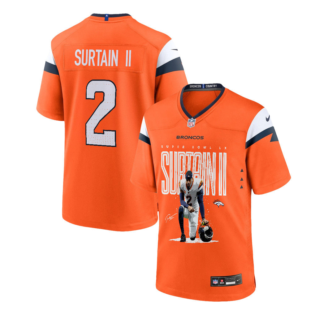 Pat Surtain II 2 Denver Broncos Super Bowl LX Elite Lockdown Corner Game Men Jersey – Orange
