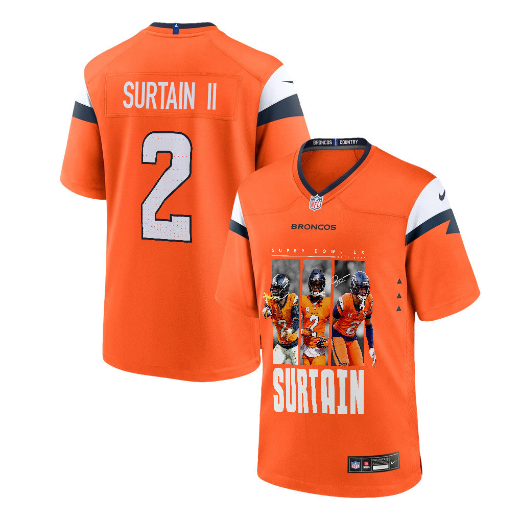 Pat Surtain II 2 Denver Broncos Super Bowl LX Defensive Icon Game Men Jersey – Orange