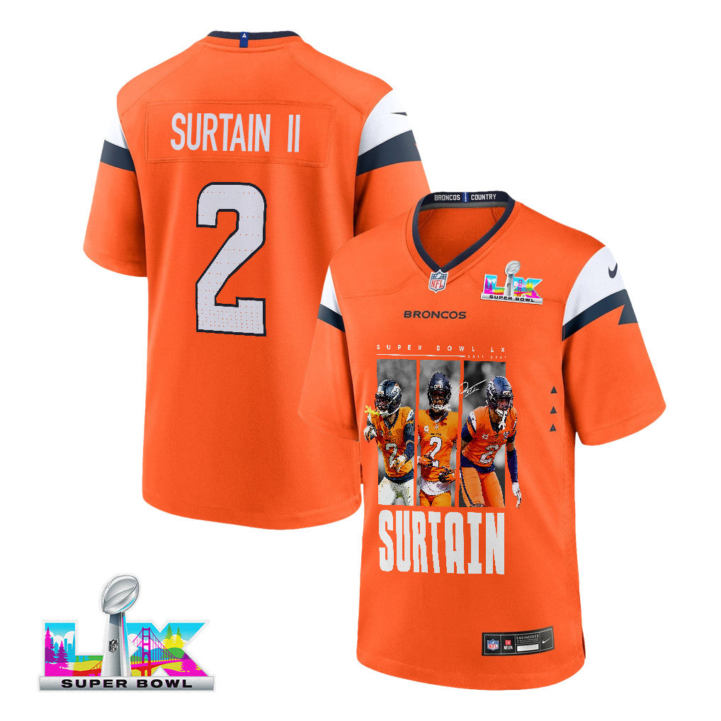 Pat Surtain II 2 Denver Broncos Super Bowl LX Defensive Icon Game Men Jersey – Orange