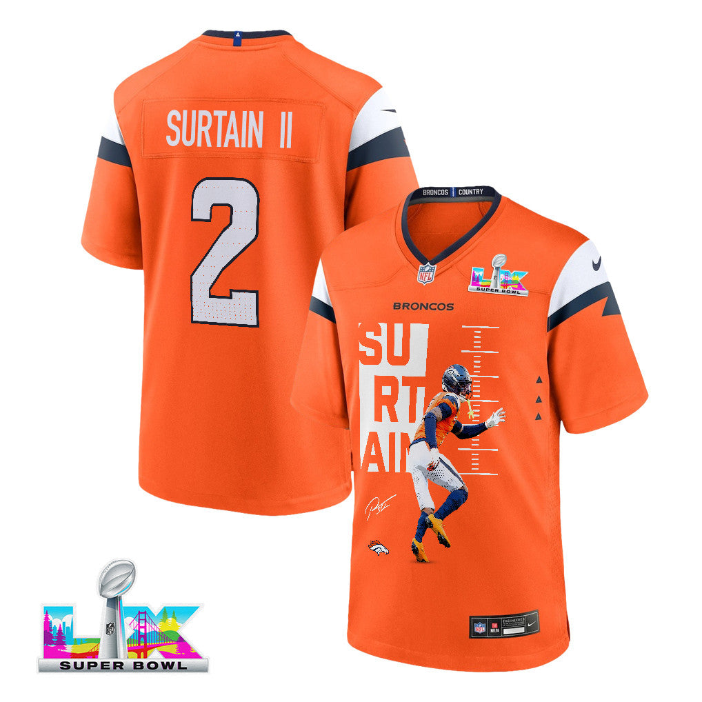 Pat Surtain II 2 Denver Broncos Super Bowl LX Ultimate Gameday Game Men Jersey – Orange
