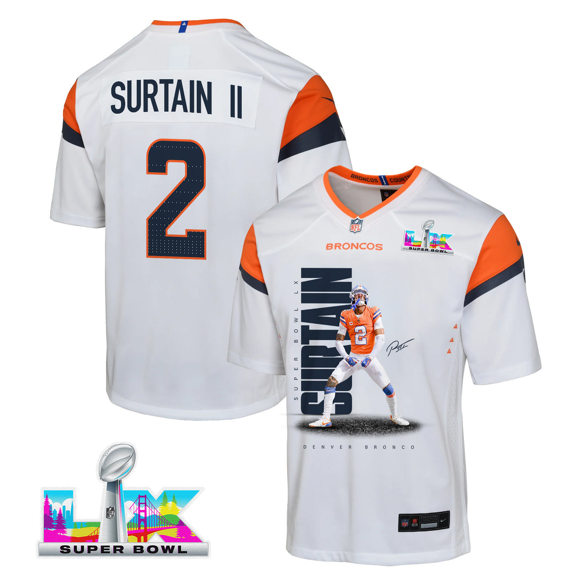 Pat Surtain II 2 Denver Broncos Super Bowl LX Shutdown Defender Game YOUTH Jersey – White