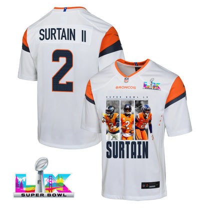 Pat Surtain II 2 Denver Broncos Super Bowl LX Defensive Icon Game YOUTH Jersey – White