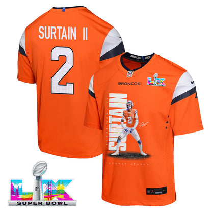 Pat Surtain II 2 Denver Broncos Super Bowl LX Shutdown Defender Game YOUTH Jersey – Orange