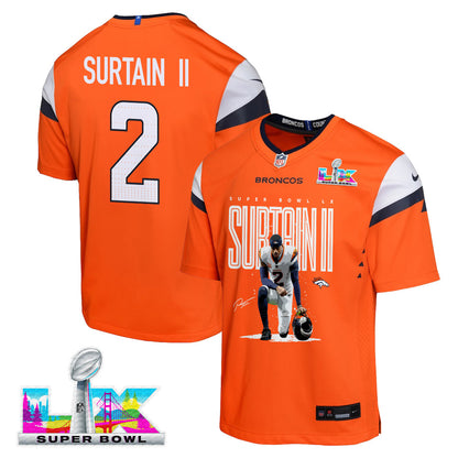 Pat Surtain II 2 Denver Broncos Super Bowl LX Elite Lockdown Corner Game YOUTH Jersey – Orange