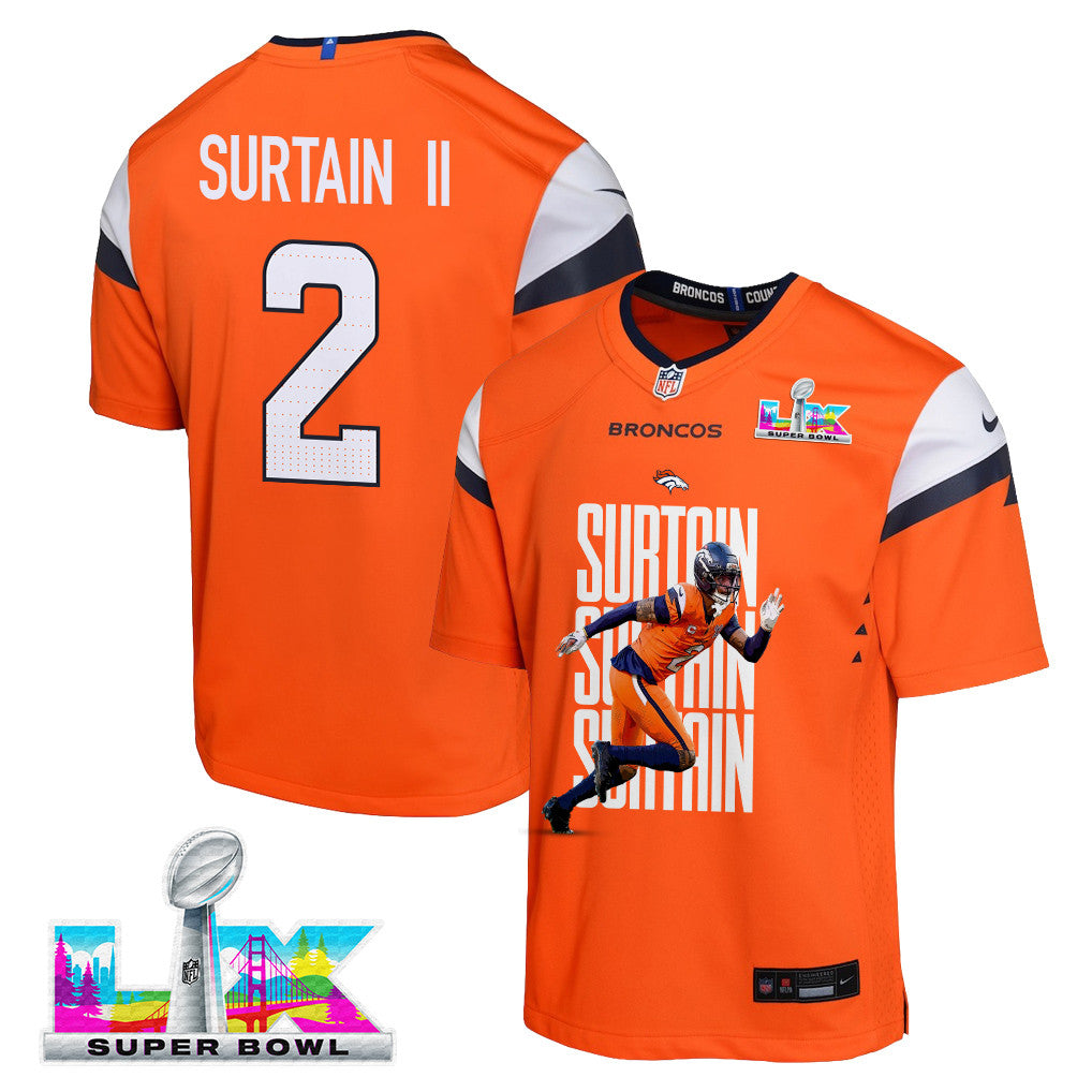 Pat Surtain II 2 Denver Broncos Super Bowl LX Defensive Superstar Game YOUTH Jersey – Orange