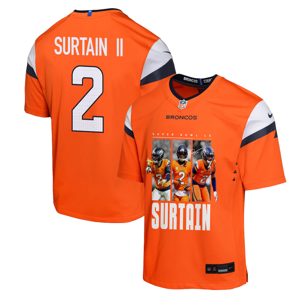 Pat Surtain II 2 Denver Broncos Super Bowl LX Defensive Icon Game YOUTH Jersey – Orange