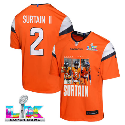 Pat Surtain II 2 Denver Broncos Super Bowl LX Defensive Icon Game YOUTH Jersey – Orange