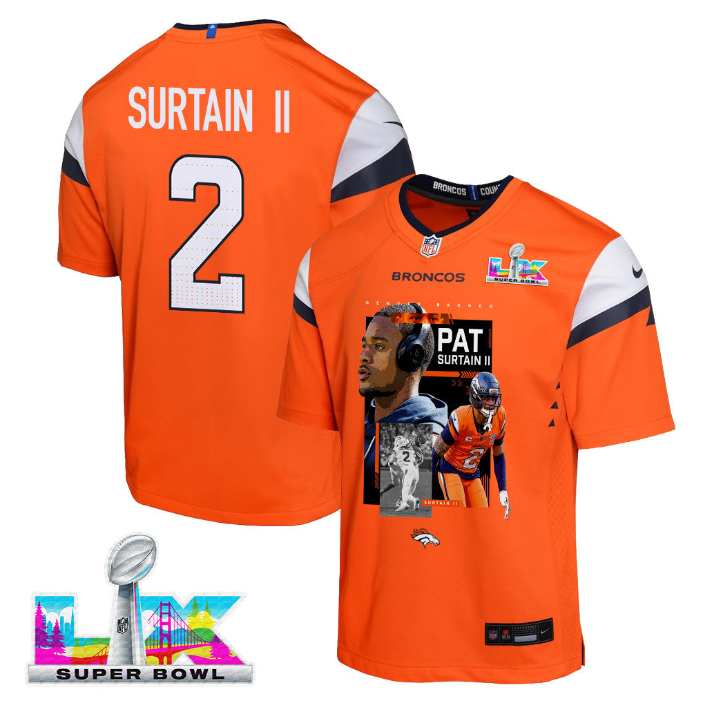 Pat Surtain II 2 Denver Broncos Super Bowl LX Next-Gen Legend Game YOUTH Jersey – Orange