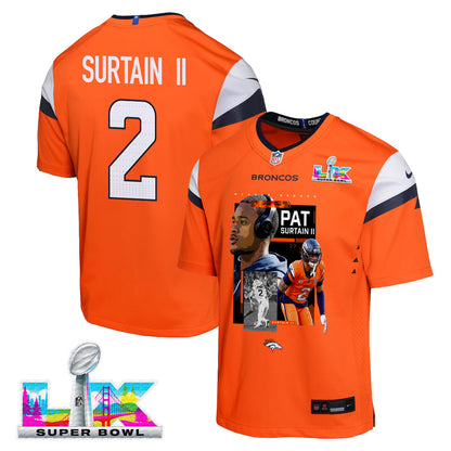 Pat Surtain II 2 Denver Broncos Super Bowl LX Next-Gen Legend Game YOUTH Jersey – Orange