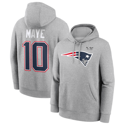 Drake Maye New England Patriots Super Bowl LX Patch Player Hoodie - Heather Gray