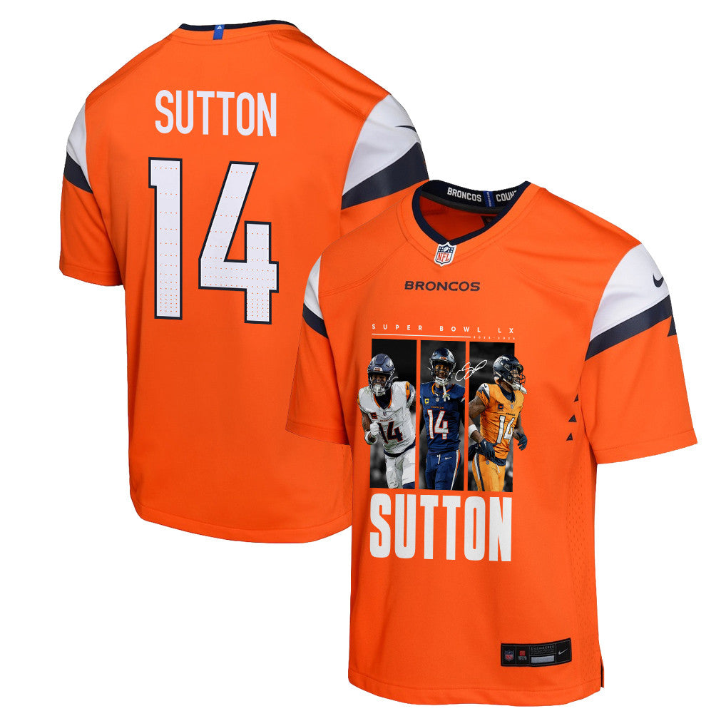 Courtland Sutton 14 Denver Broncos Super Bowl LX Offensive Powerhouse YOUTH Jersey – Orange
