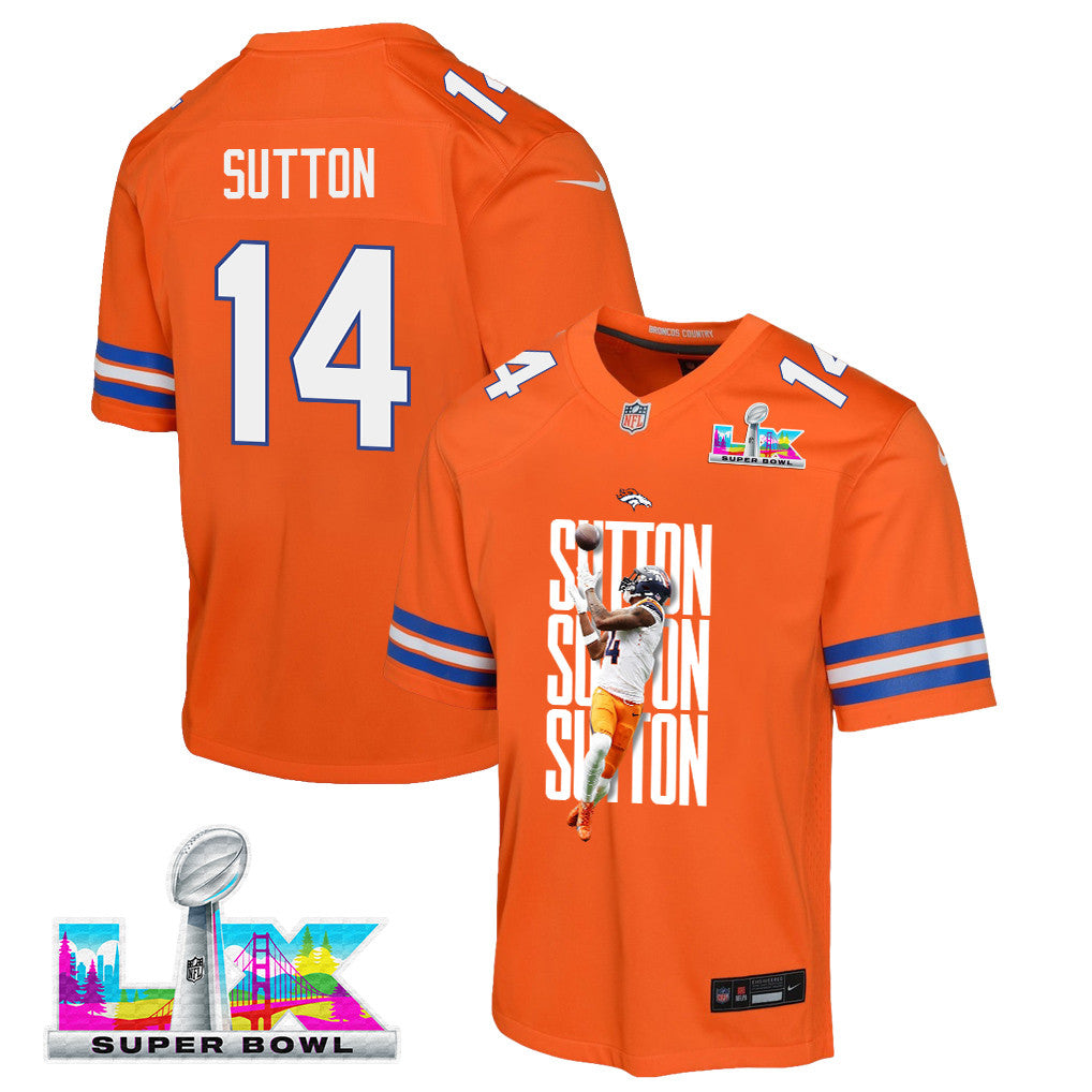 Courtland Sutton 14 Denver Broncos Super Bowl LX Championship-Ready YOUTH Game Jersey– Orange