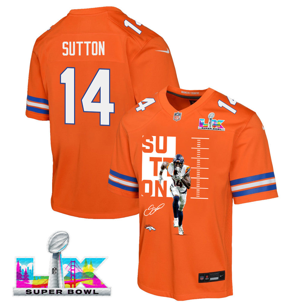 Courtland Sutton 14 Denver Broncos Super Bowl LX Fan-Favorite Icon YOUTH Game Jersey– Orange