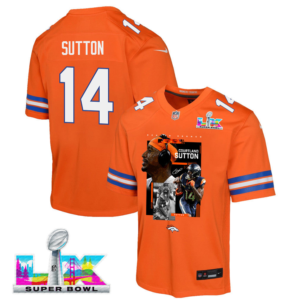 Courtland Sutton 14 Denver Broncos Super Bowl LX High-Impact Performer YOUTH Game Jersey– Orange