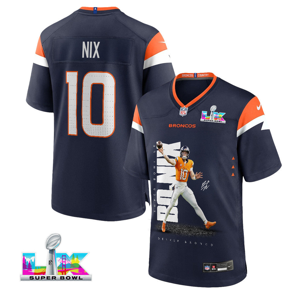 Bo Nix 10 Denver Broncos Super Bowl LX Rising Star Jersey – Navy