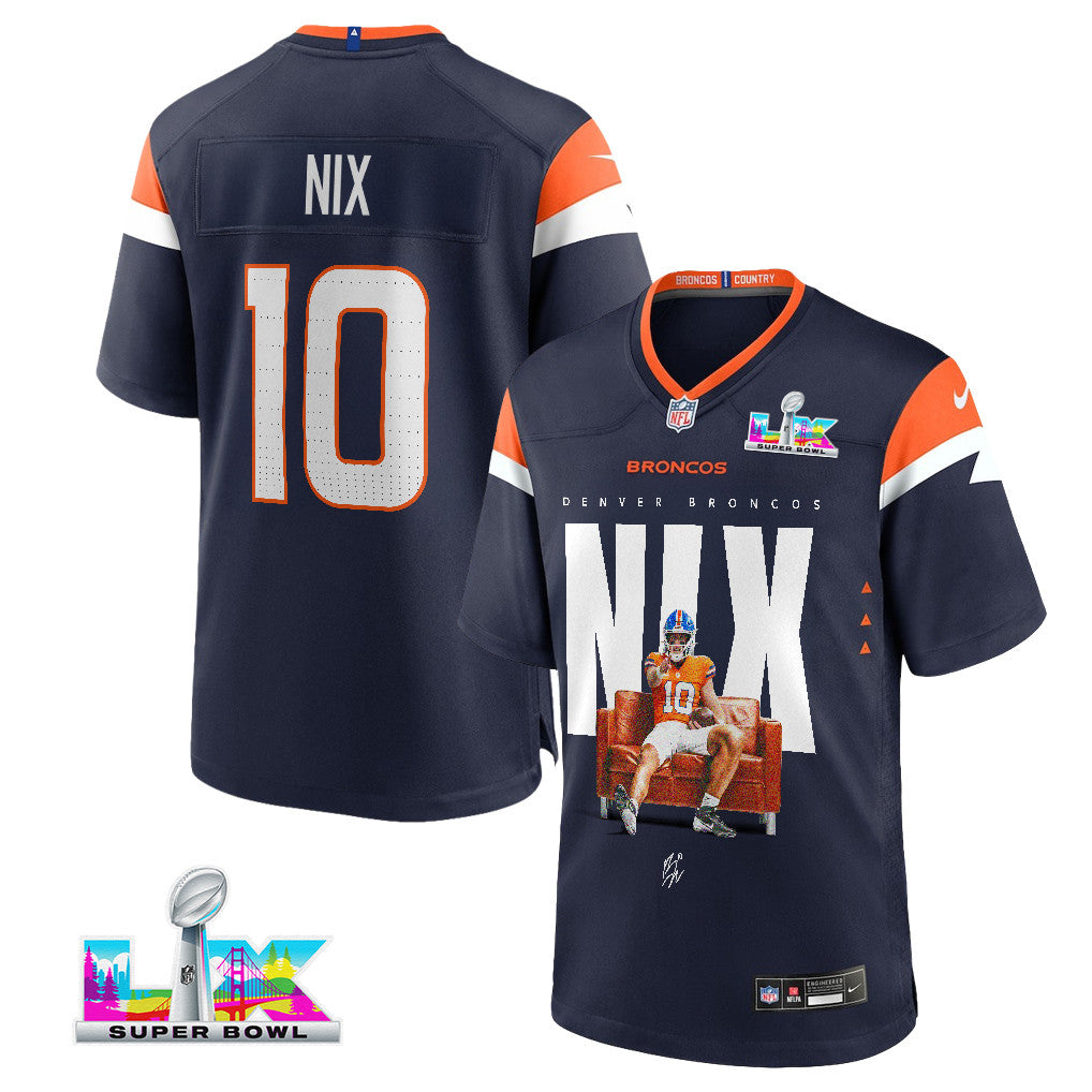 Bo Nix 10 Denver Broncos Super Bowl LX Franchise QB Jersey – Navy