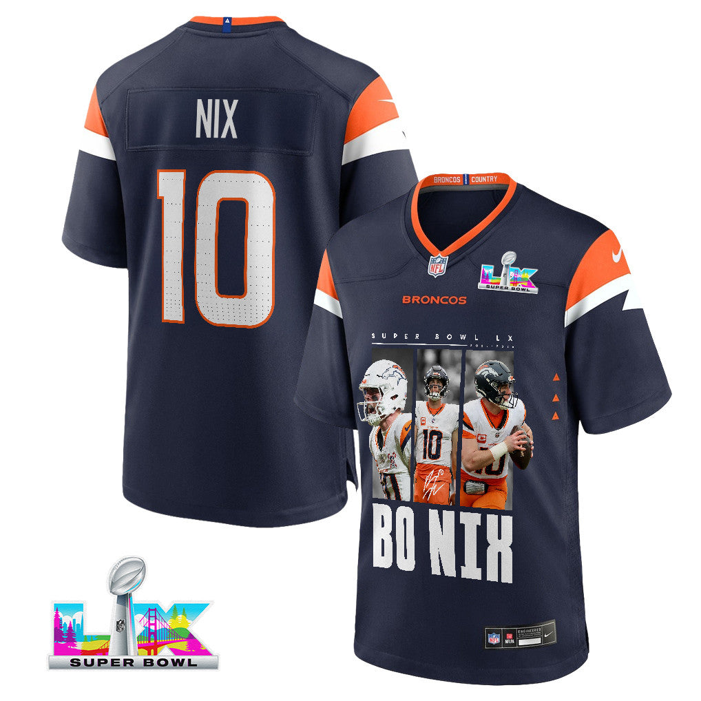 Bo Nix 10 Denver Broncos Super Bowl LX Game-Changing Leader Jersey – Navy