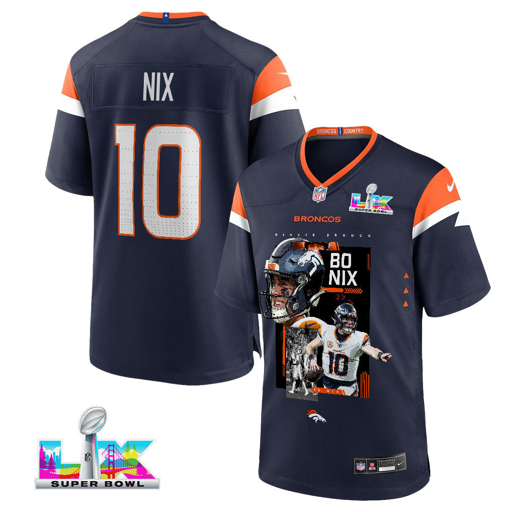 Bo Nix 10 Denver Broncos Super Bowl LX Future of Denver Jersey – Navy