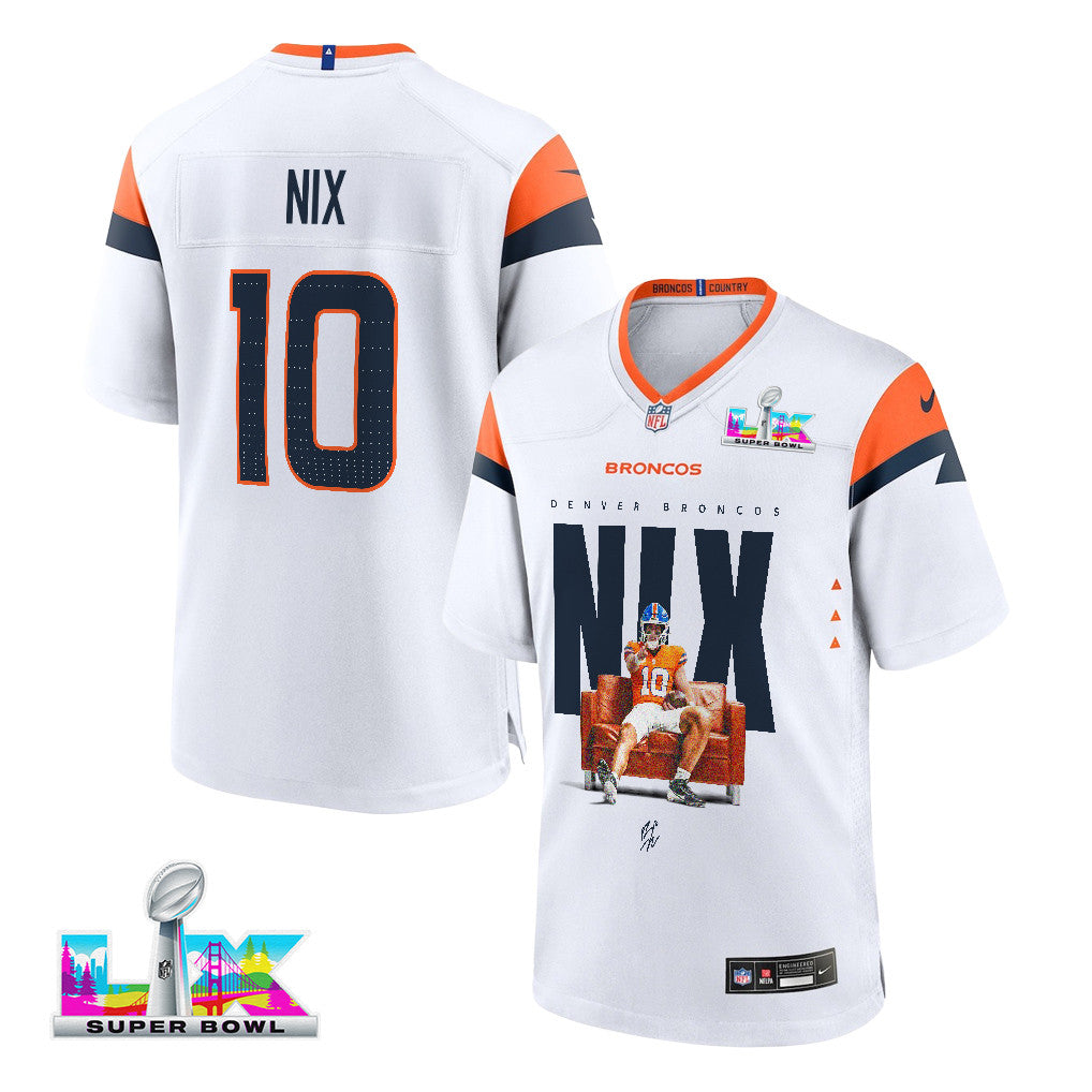 Bo Nix 10 Denver Broncos Super Bowl LX Franchise QB Game Jersey – White