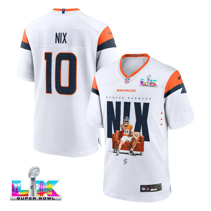Bo Nix 10 Denver Broncos Super Bowl LX Franchise QB Game Jersey – White