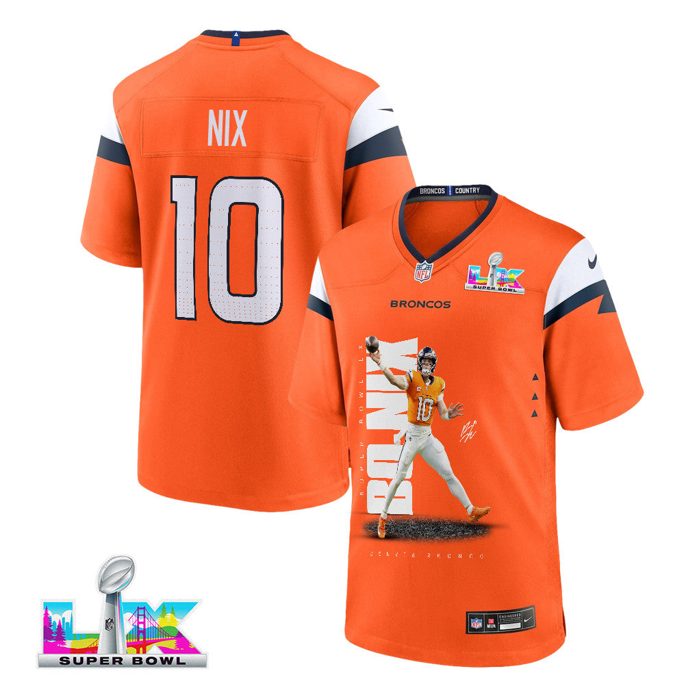 Bo Nix 10 Denver Broncos Super Bowl LX Rising Star Game Jersey – Orange