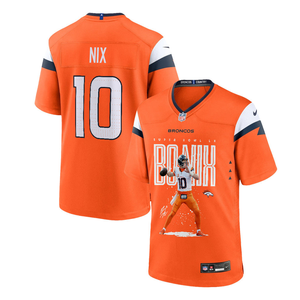 Bo Nix 10 Denver Broncos Super Bowl LX Elite Playmaker Game Jersey – Orange