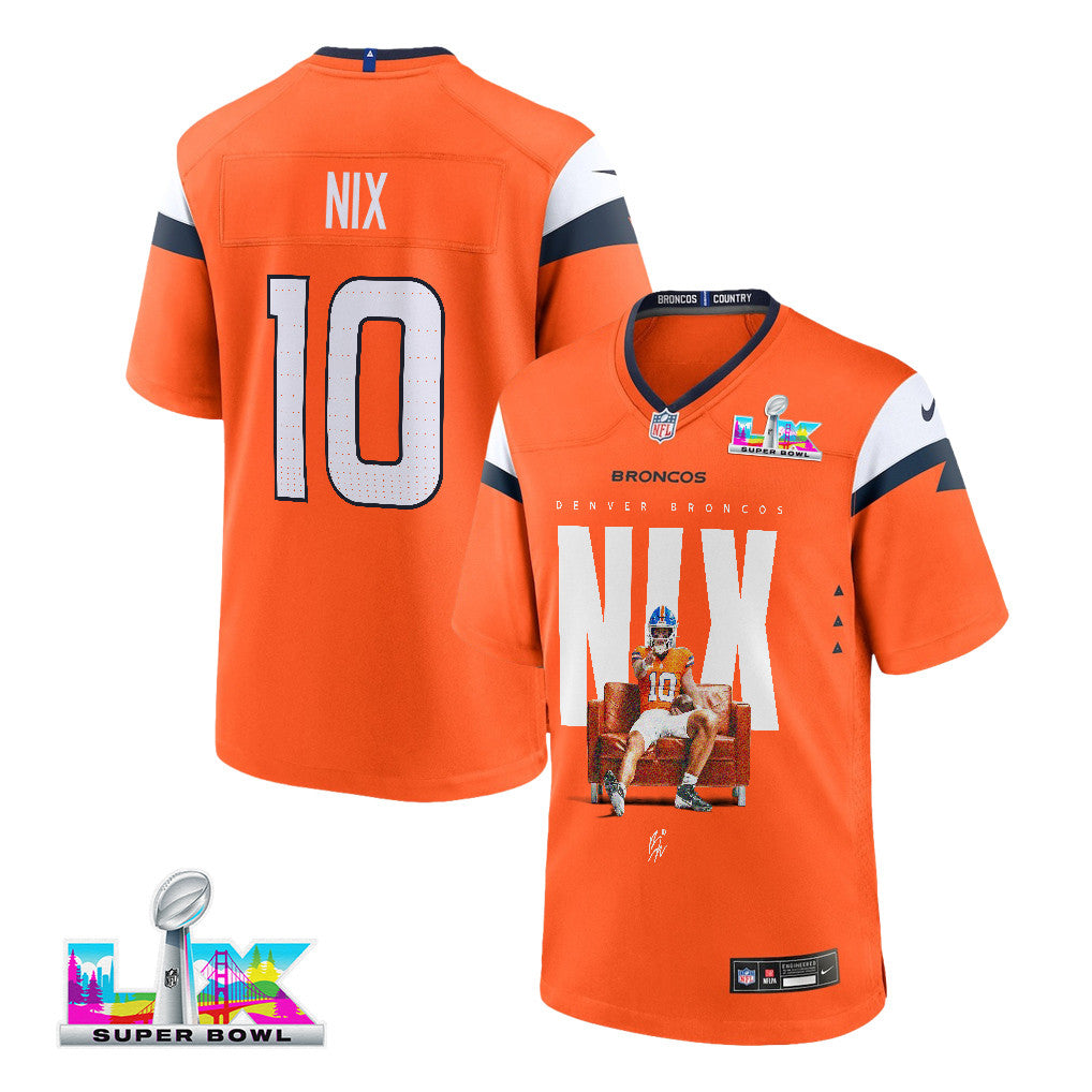 Bo Nix 10 Denver Broncos Super Bowl LX Franchise QB Game Jersey – Orange