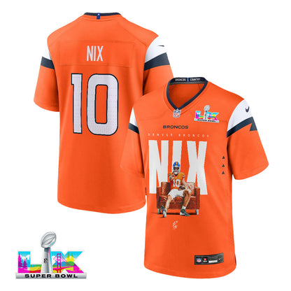 Bo Nix 10 Denver Broncos Super Bowl LX Franchise QB Game Jersey – Orange