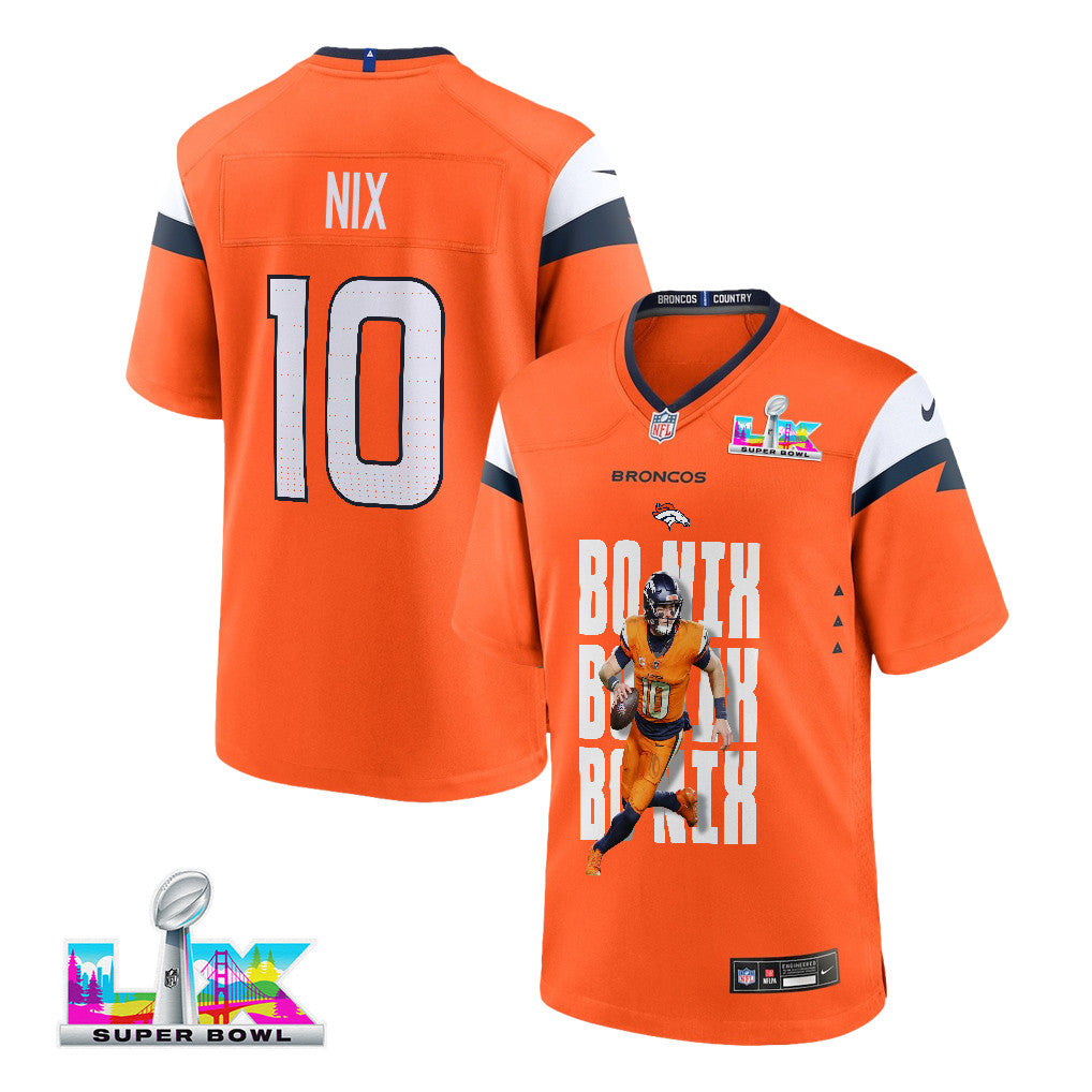 Bo Nix 10 Denver Broncos Super Bowl LX Next-Gen Legend Game Jersey – Orange