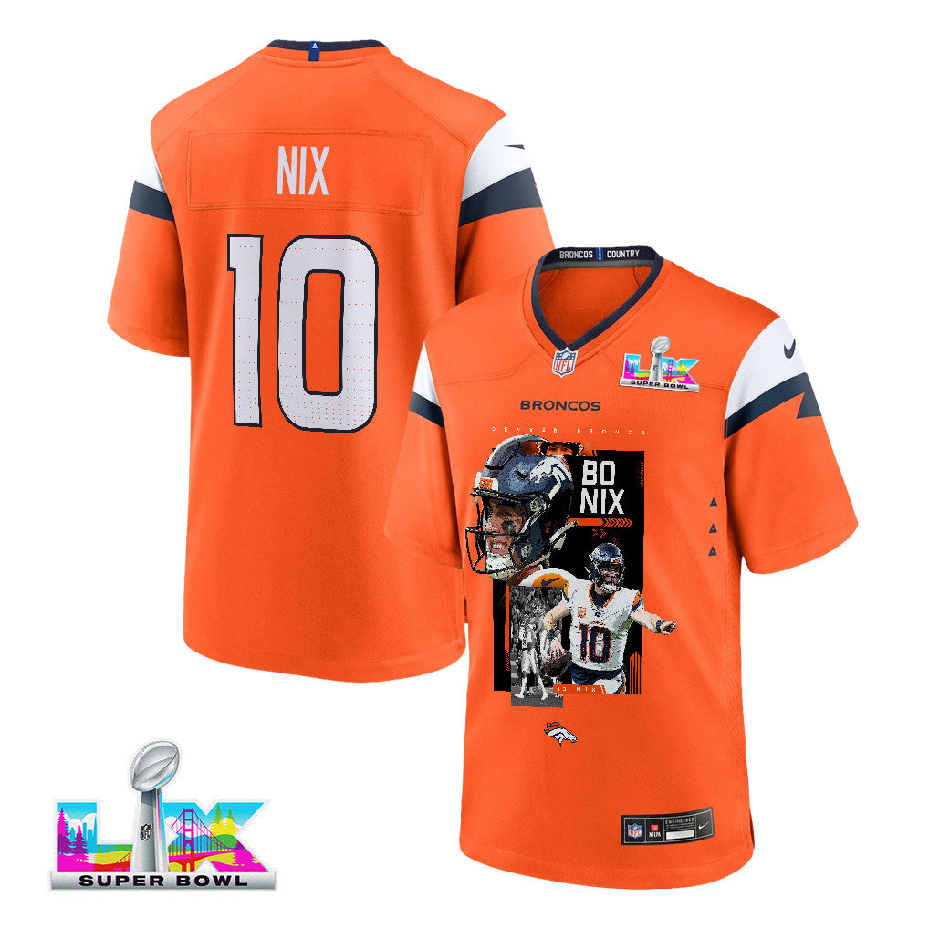 Bo Nix 10 Denver Broncos Super Bowl LX Future of Denver Game Jersey – Orange