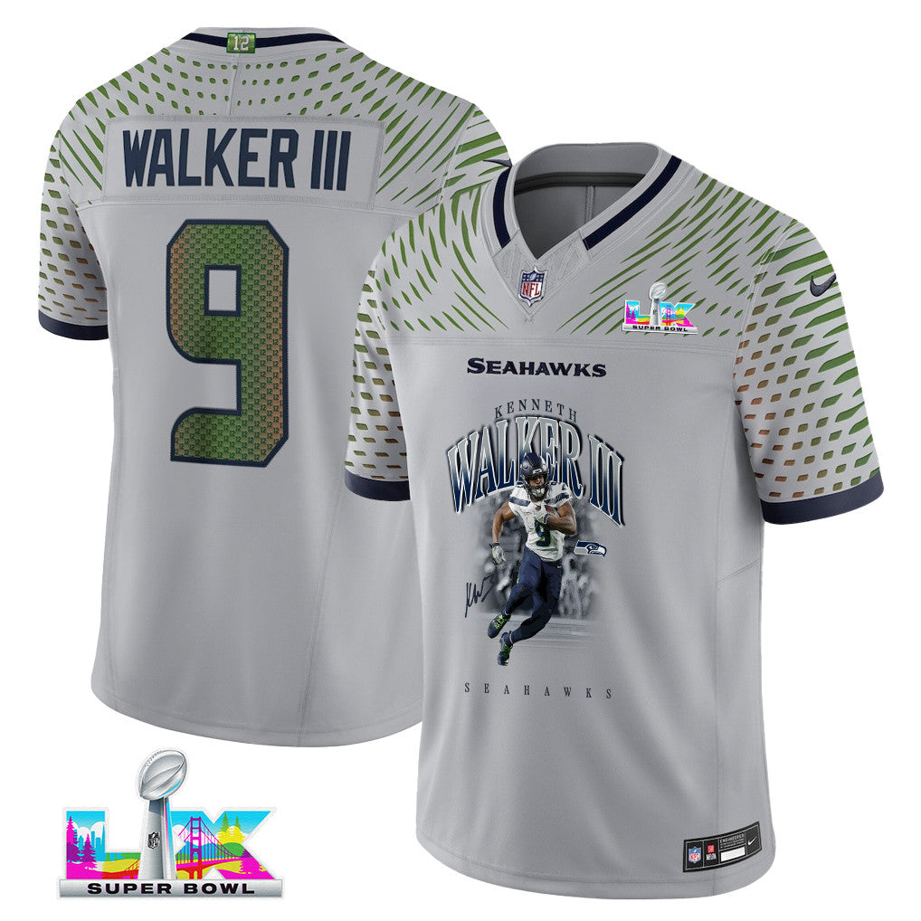 Kenneth Walker III 9 Seattle Seahawks Super Bowl LX Backfield Beast Jersey – Grey
