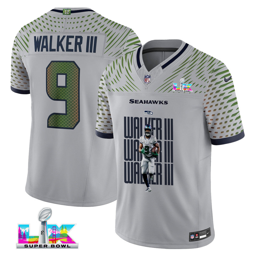 Kenneth Walker III 9 Seattle Seahawks Super Bowl LX Power & Precision Jersey – Grey