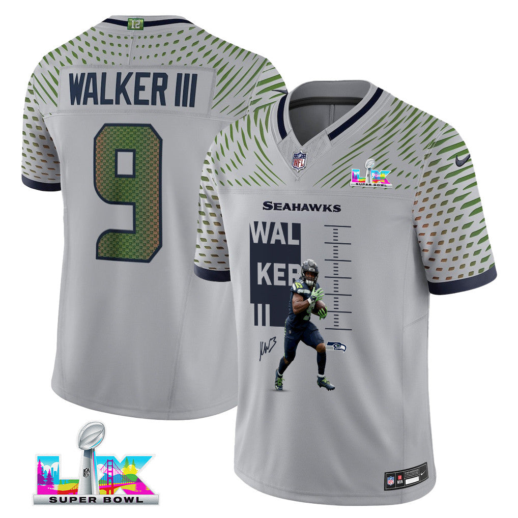 Kenneth Walker III 9 Seattle Seahawks Super Bowl LX Electric Run Threat Jersey – Grey