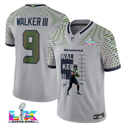 Kenneth Walker III 9 Seattle Seahawks Super Bowl LX Electric Run Threat Jersey – Grey