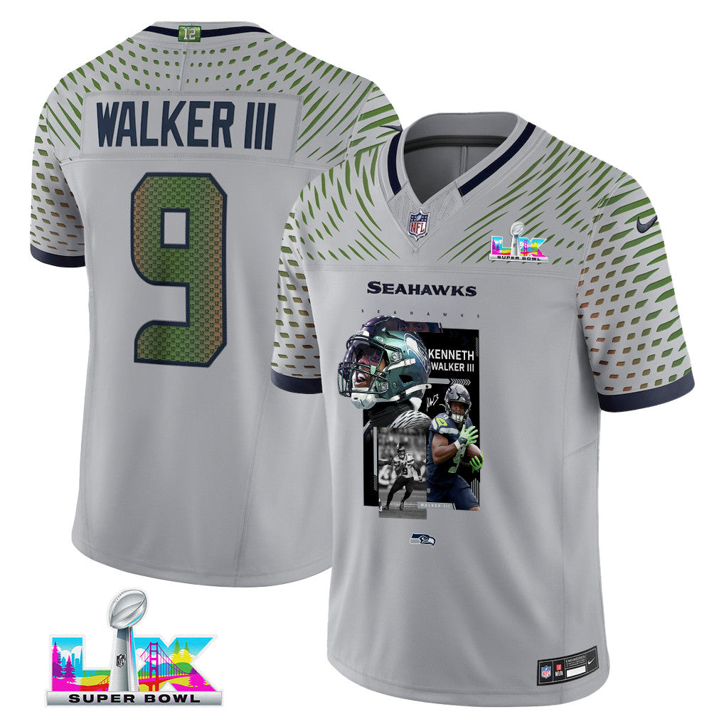 Kenneth Walker III 9 Seattle Seahawks Super Bowl LX Explosive Playmaker Jersey – Grey