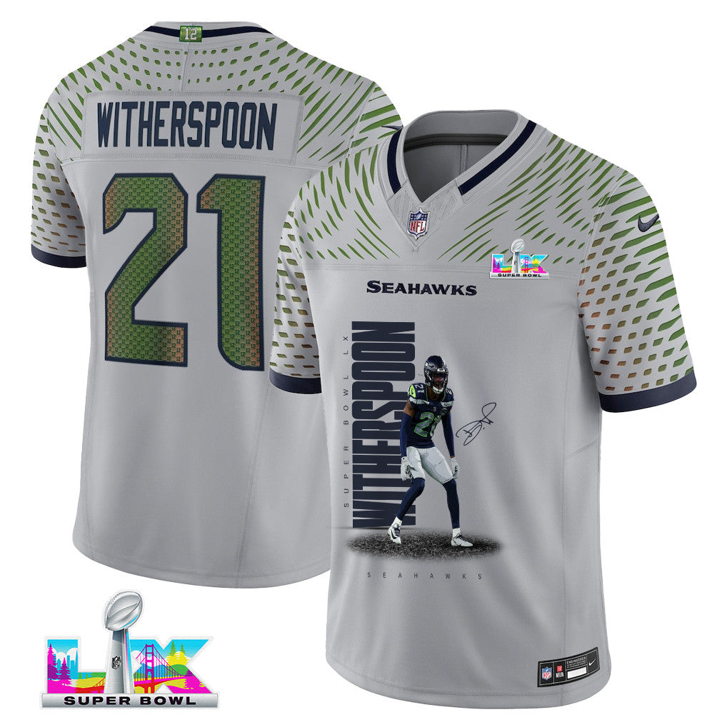 Devon Witherspoon 21 Seattle Seahawks Super Bowl LX Explosive Playmaker Jersey – Grey