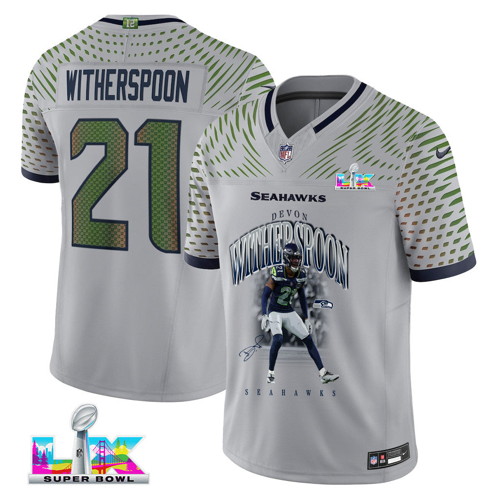 Devon Witherspoon 21 Seattle Seahawks Super Bowl LX Dynamic Ground Game Jersey – Grey