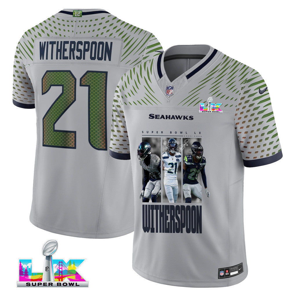 Devon Witherspoon 21 Seattle Seahawks Super Bowl LX Electric Run Threat Jersey – Grey