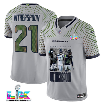 Devon Witherspoon 21 Seattle Seahawks Super Bowl LX Electric Run Threat Jersey – Grey