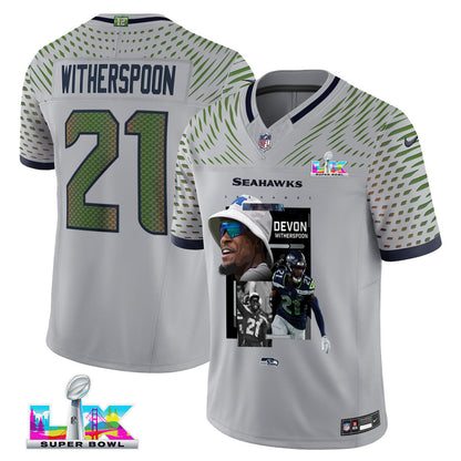Devon Witherspoon 21 Seattle Seahawks Super Bowl LX Backfield Beast Jersey – Grey