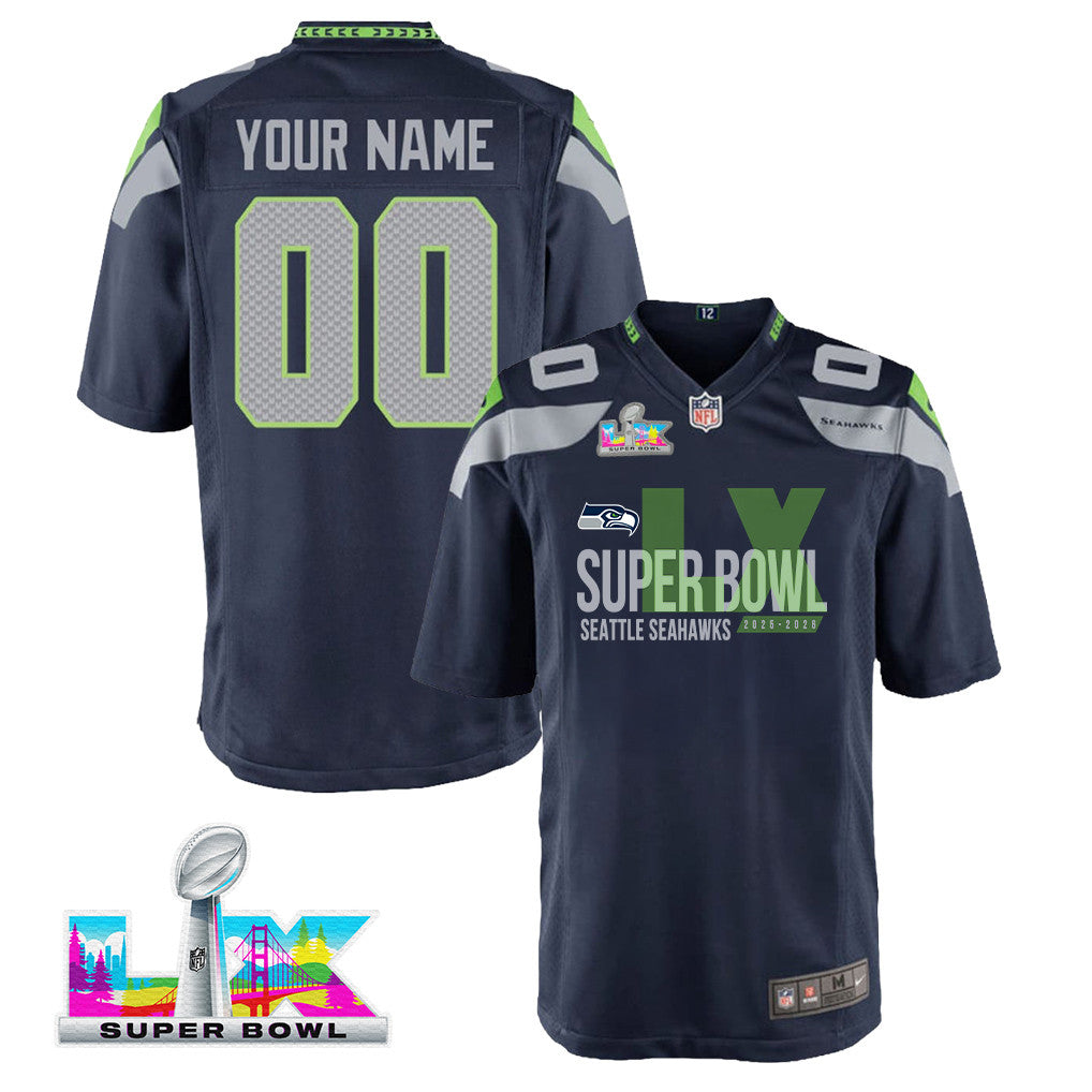 Seattle Seahawks 25-26 Champions Super Bowl LX Custom Team Game YOUTH Jersey - College Navy