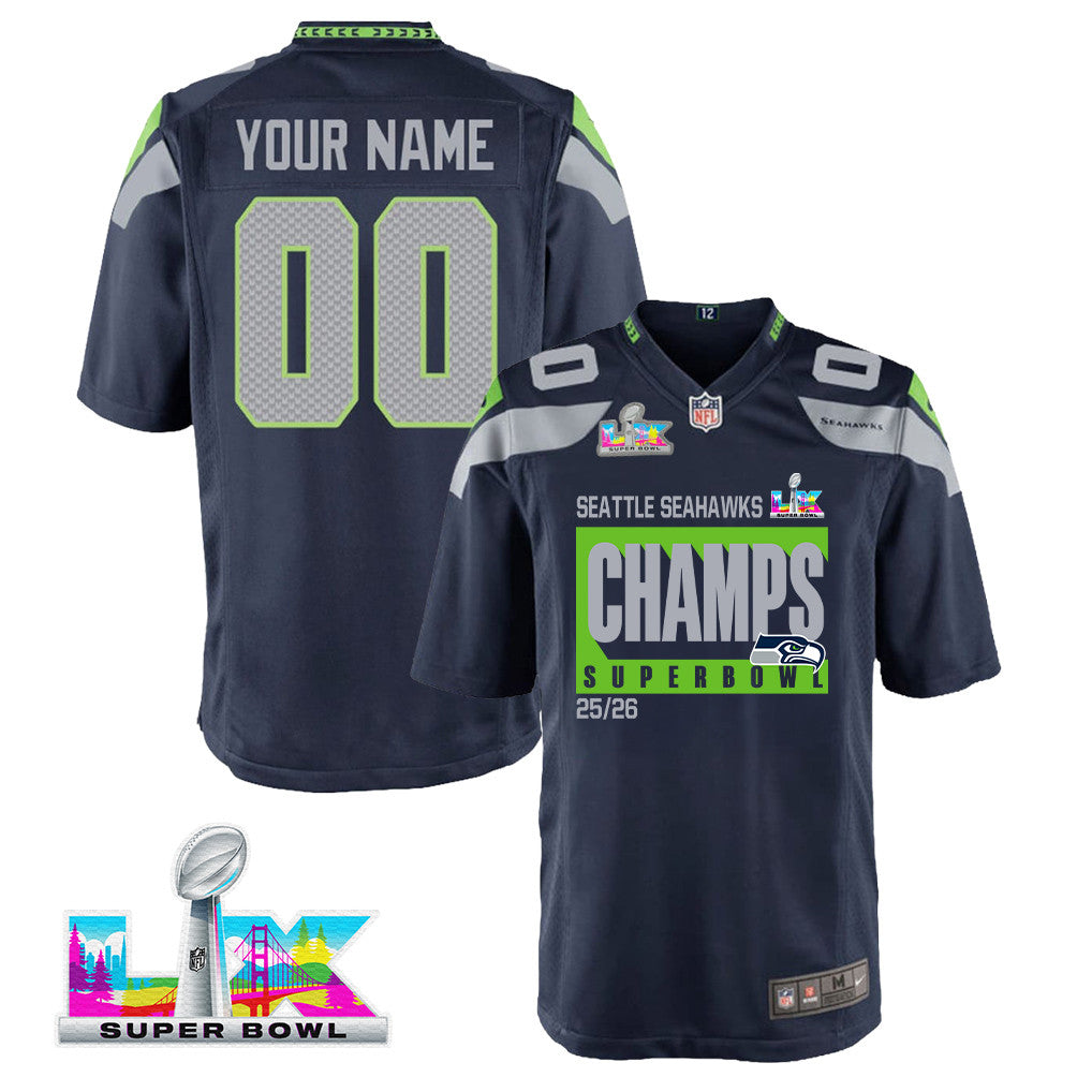 Seattle Seahawks Super Bowl 25/26 Champions LX Custom Team Game YOUTH Jersey - College Navy