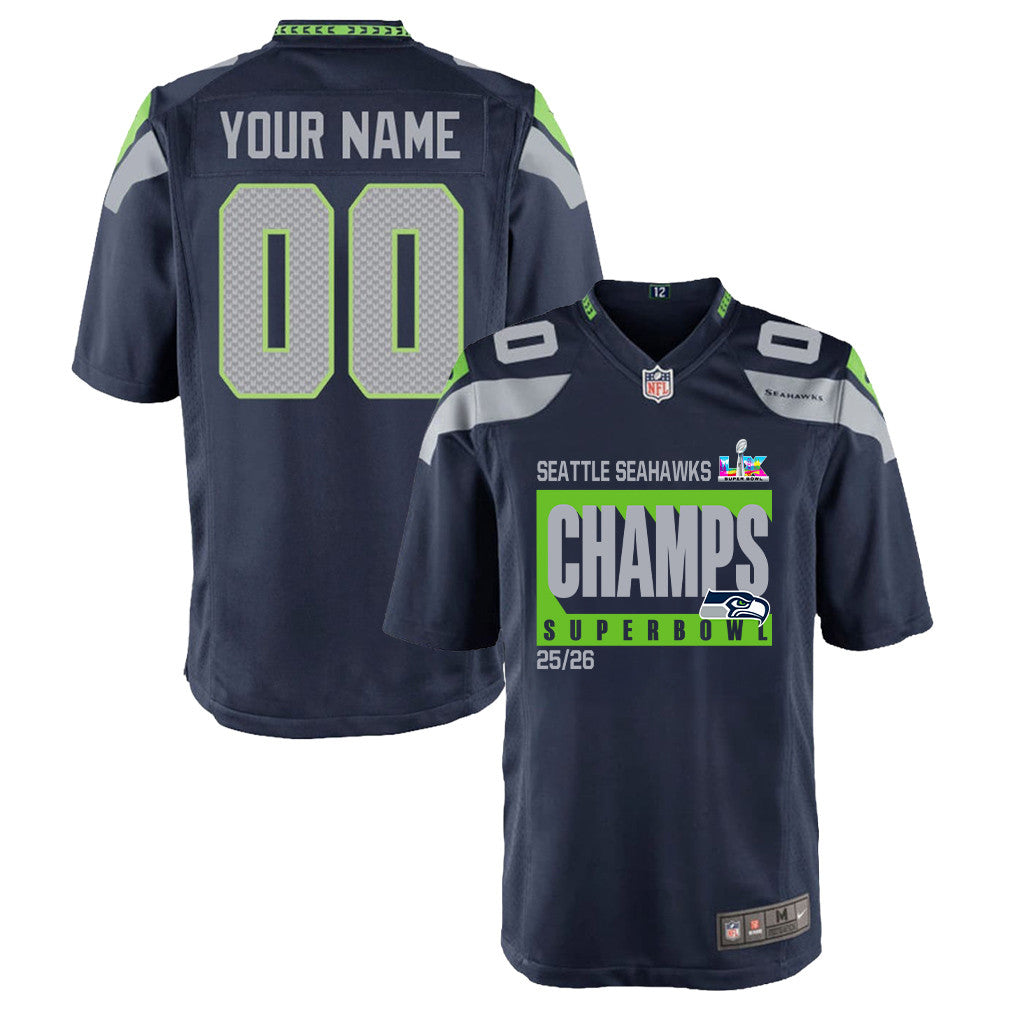 Seattle Seahawks Super Bowl 25/26 Champions LX Custom Team Game YOUTH Jersey - College Navy