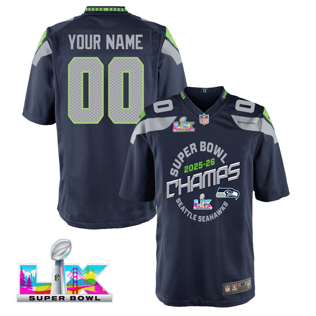 Seattle Seahawks Champions 2025-26 Super Bowl LX Custom Team Game YOUTH Jersey - College Navy