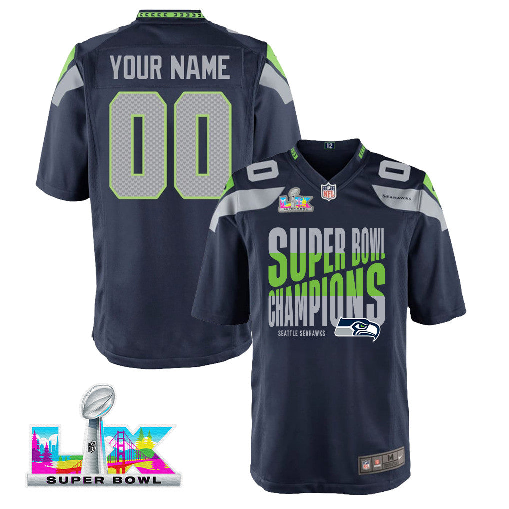 Seattle Seahawks Super Bowl LX Champions Custom Team Game YOUTH Jersey - College Navy