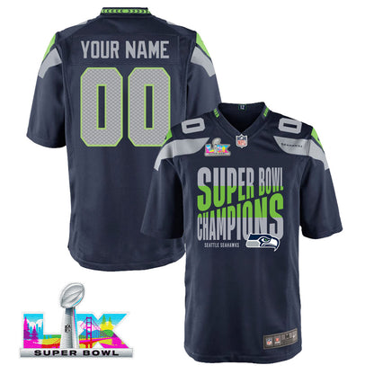 Seattle Seahawks Super Bowl LX Champions Custom Team Game YOUTH Jersey - College Navy