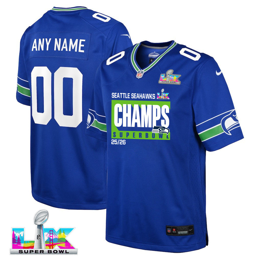 Seattle Seahawks Super Bowl 25/26 Champions LX Custom Alternate Game YOUTH Jersey - Royal