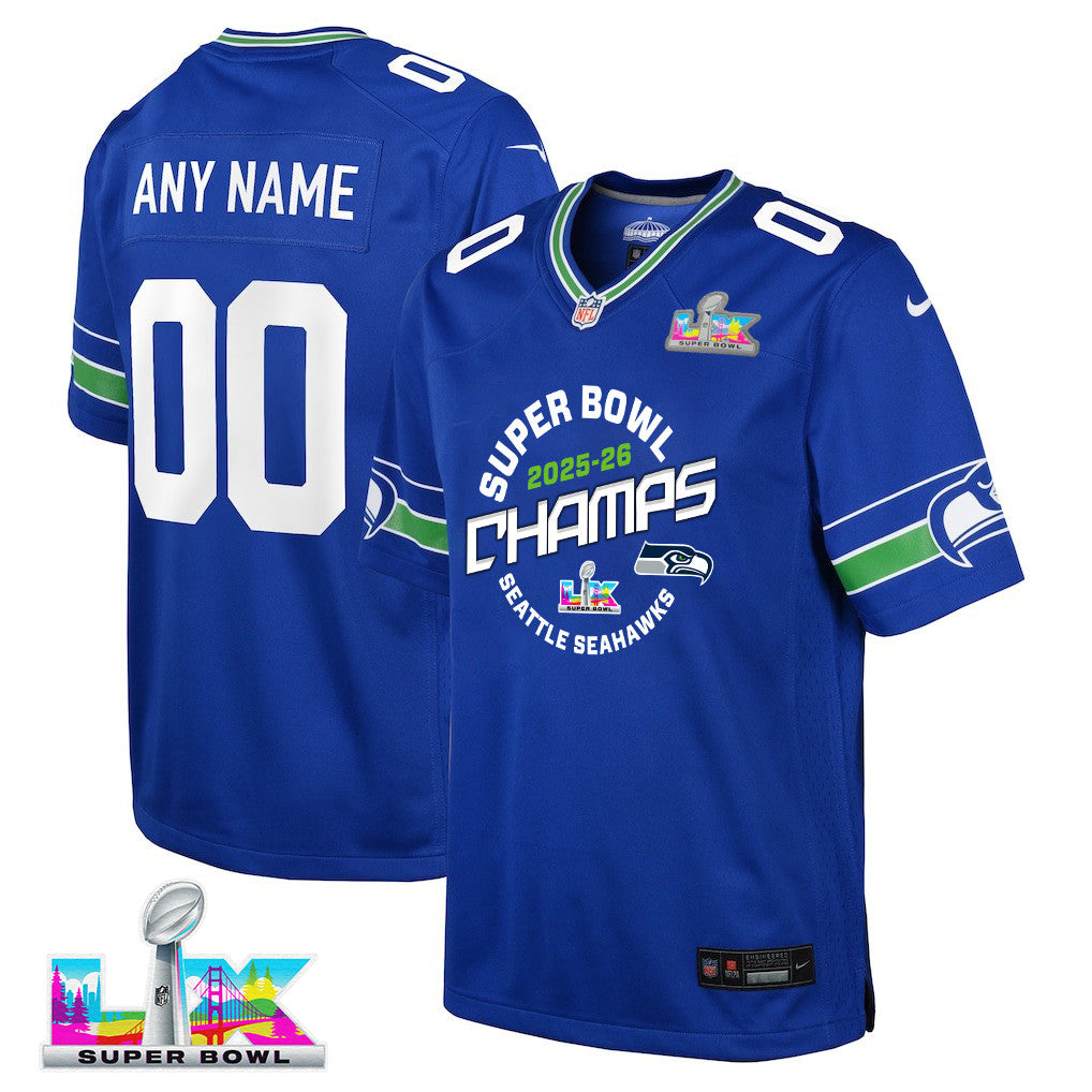 Seattle Seahawks Champions 2025-26 Super Bowl LX Custom Alternate Game YOUTH Jersey - Royal